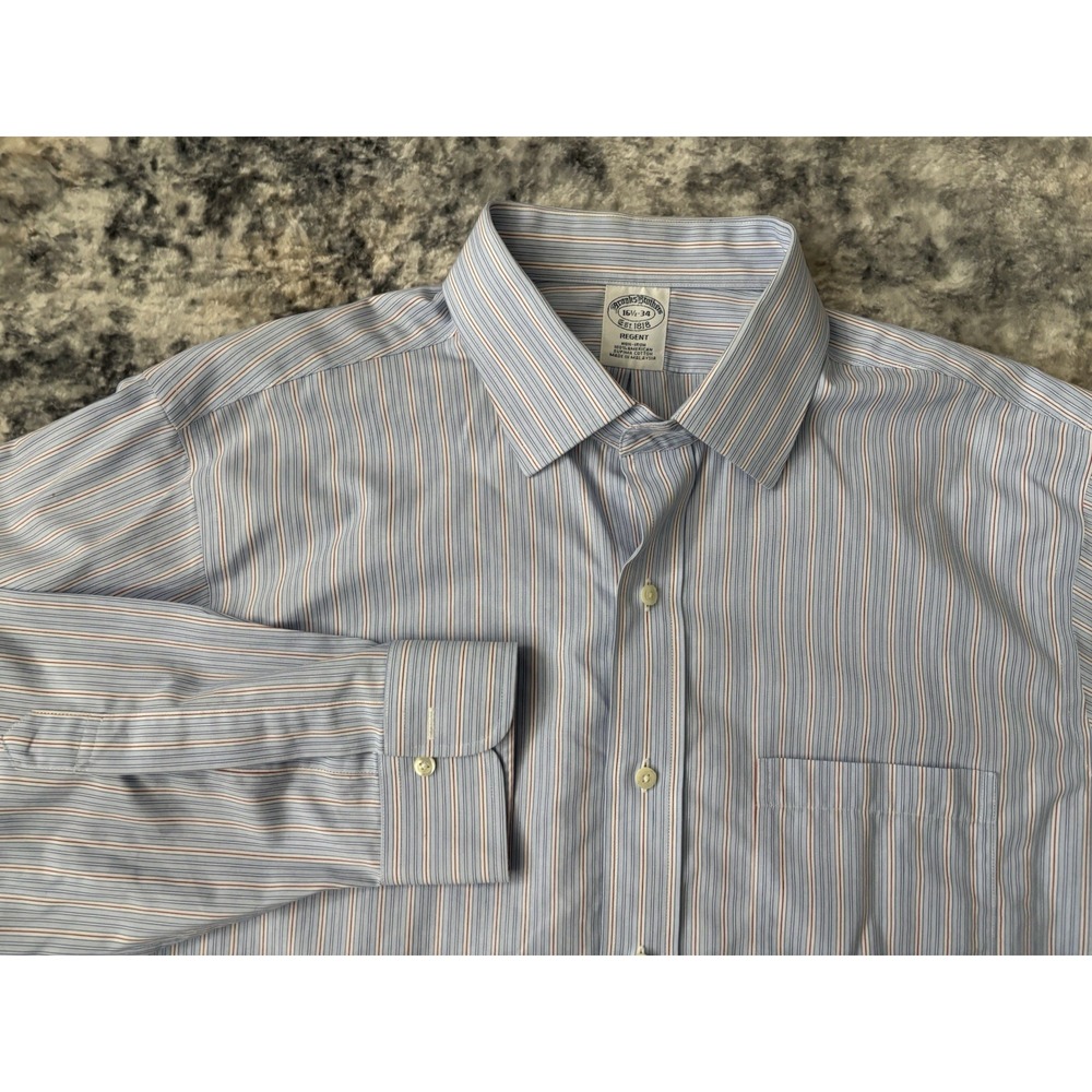 Brooks Brothers Shirt Mens 16.5 34 Blue Red Striped Regent Button Up‎ Non Iron